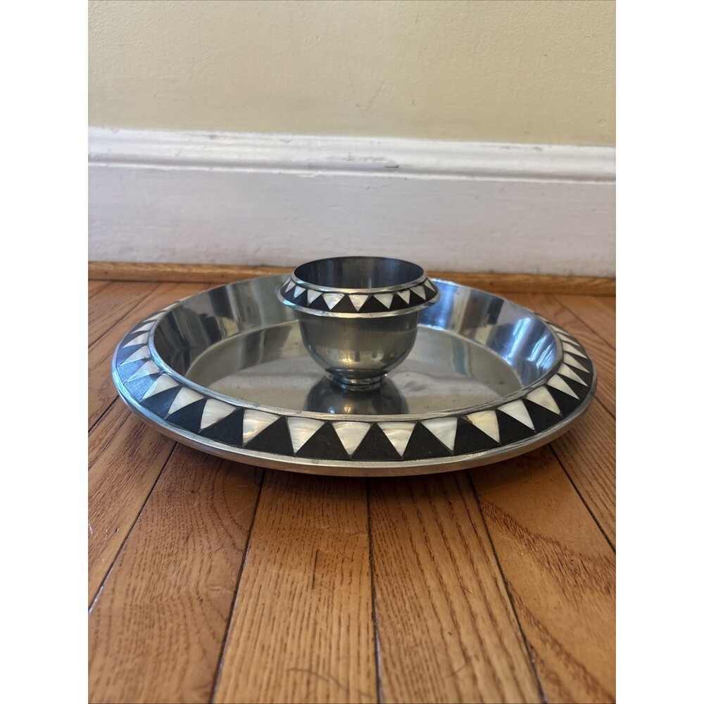 Towle Silversmith Chip Dip Serving Tray Metal Mother Of Pearl Inlay Vintage 13”